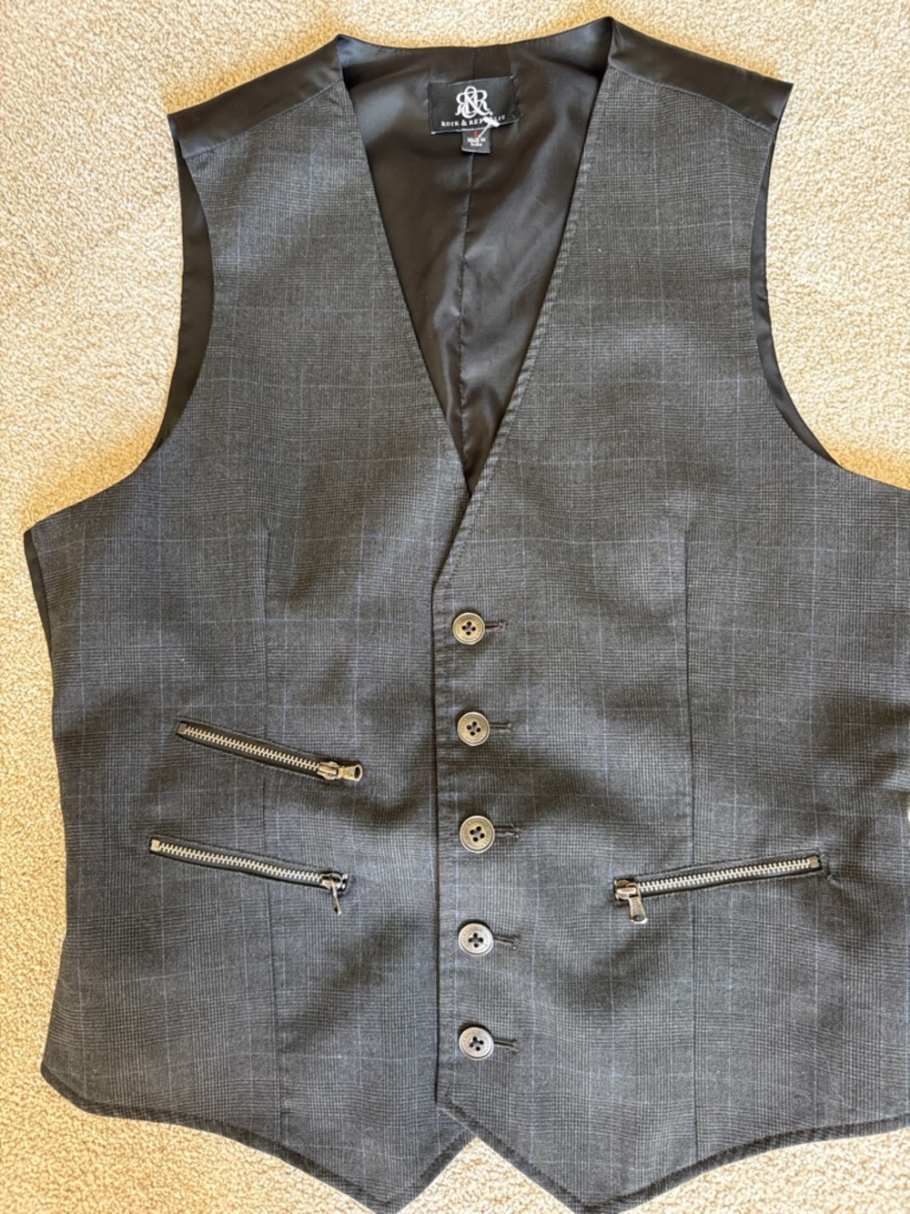 Super Cool Rock & Republic Black black/gray tweed vest waistcoat size Large NWT